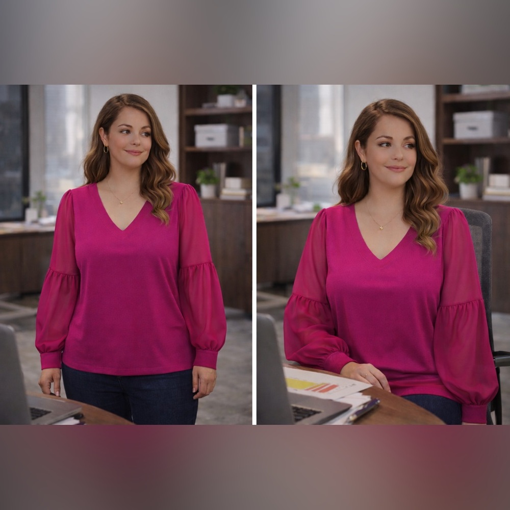 Melanie Lyne Magenta Fuchsia Blouse Puff Sheer Sleeves Opaque Body V Neck Size M